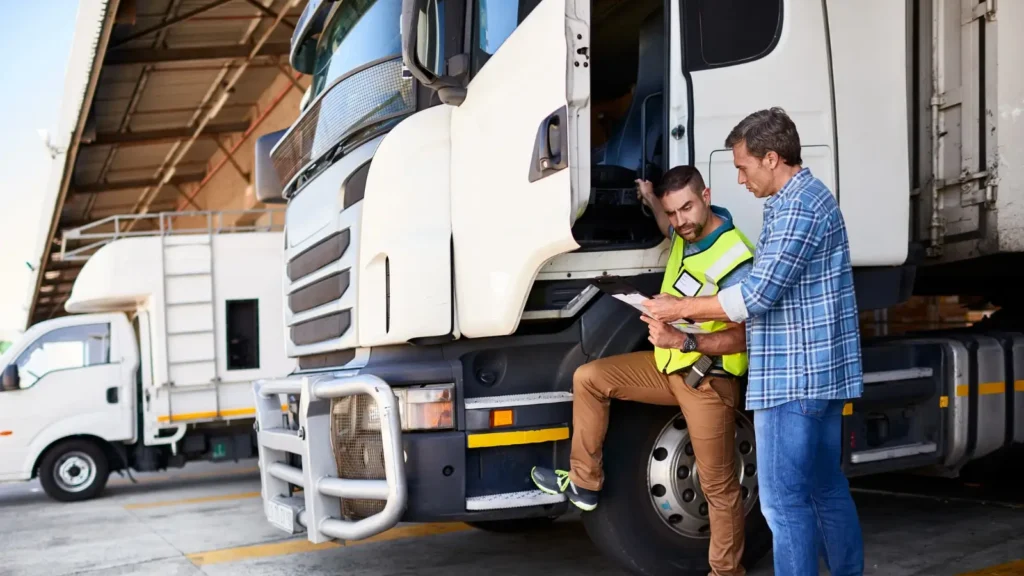 Two fleet truck drivers examining a checklist before getting into the cab of the truck