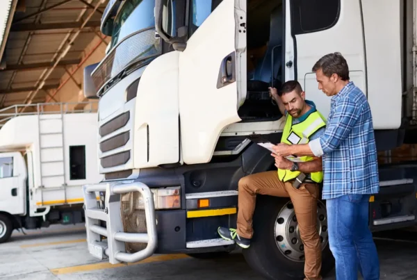 Two fleet truck drivers examining a checklist before getting into the cab of the truck