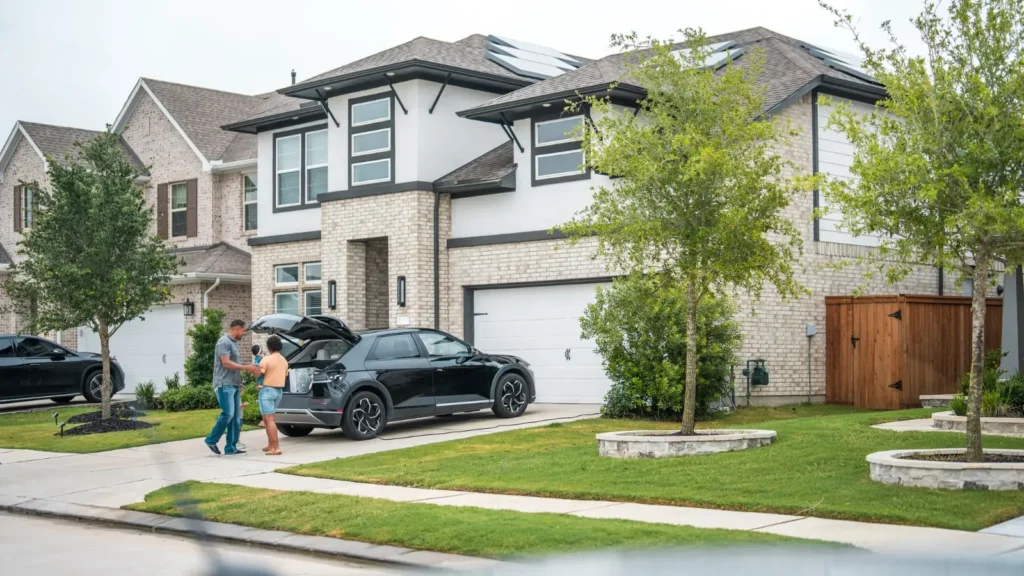 Couple putting things into the trunk of their car parked outside of their house