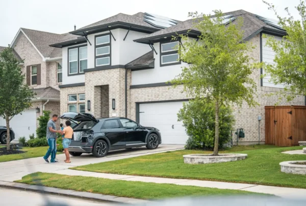Couple putting things into the trunk of their car parked outside of their house