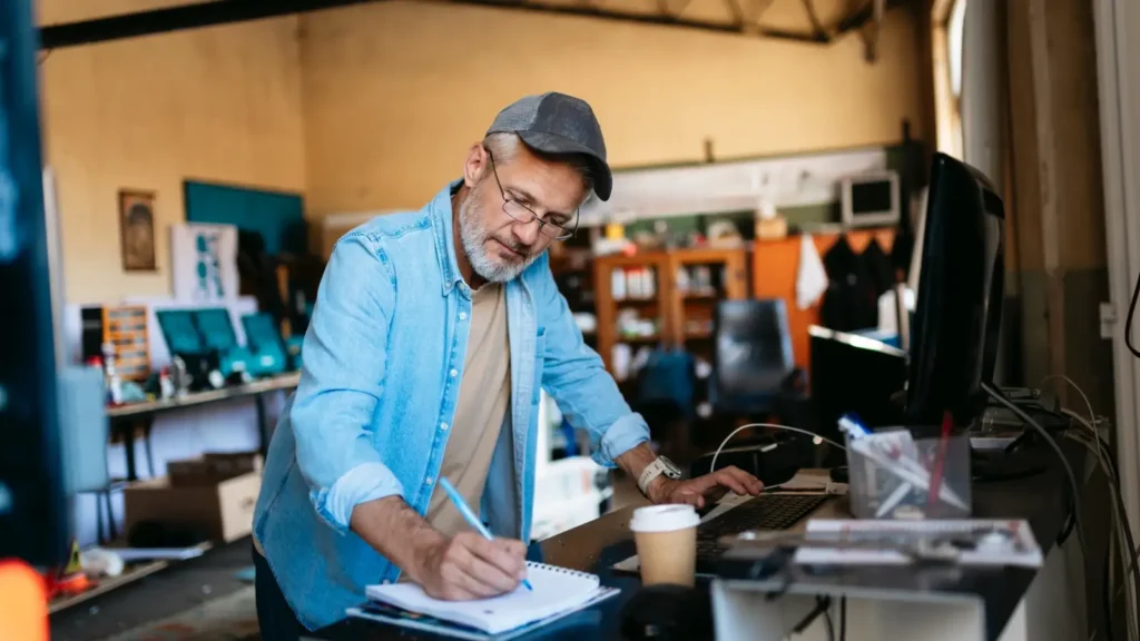 Man filling out paperwork while inside of their business