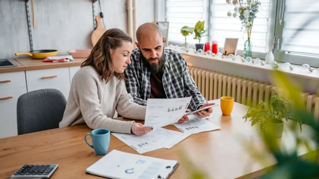 Couple discussing insurance policies while looking at paperwork and sitting at a table.